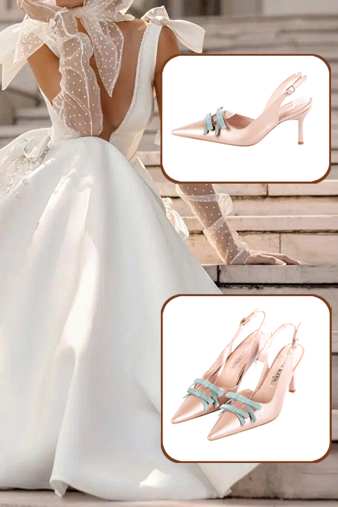 Women's powder pink and aquamarine blue elegant slingback heels, with a bow on the front. Pointed toe. High slim heel - Worn view